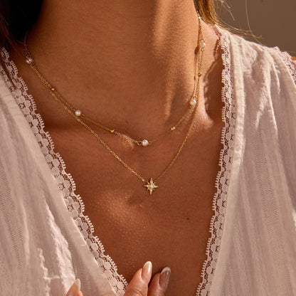 Six-Pointed Star or Heart Double-layer Pearl Necklace and Bracelet set in 18K Gold Plating Capella Jewellery