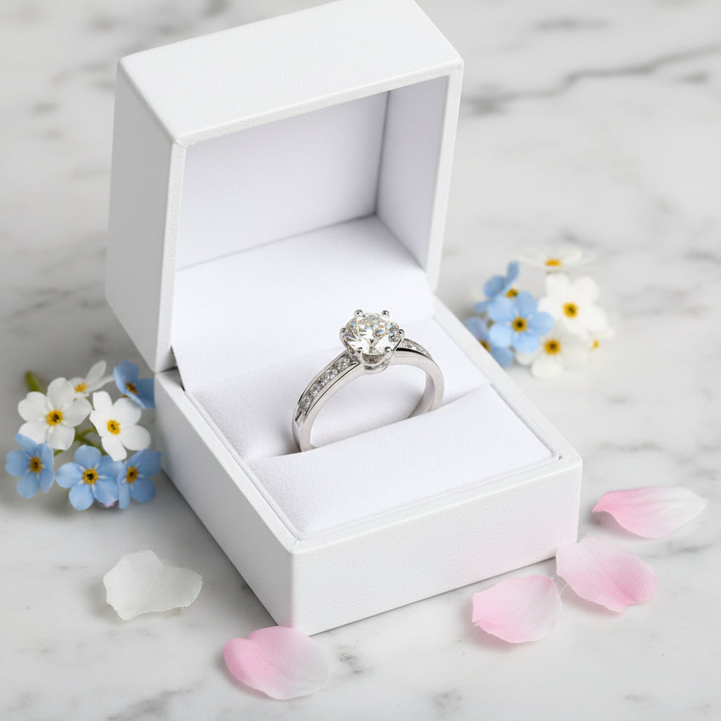 Italian Solitaire Pavé Inlay 1 Carat Moissanite Diamond Ring set in Platinum Plated 925 Silver (GRA)