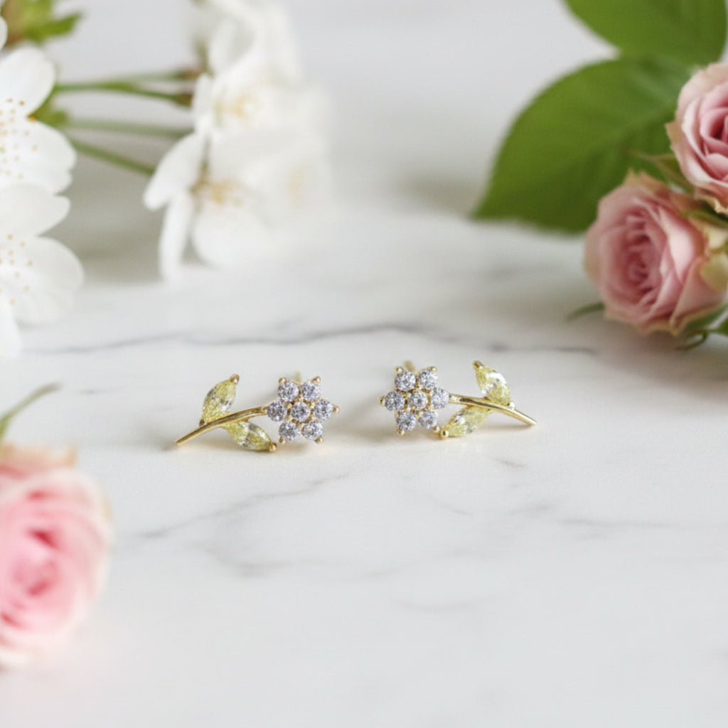 Delicately Handcrafted Japanese Gilded Show Young Flower Earrings set in 18K Gold Plated