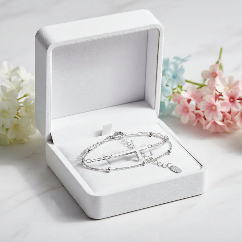 Double-Layer Christian Holy Cross Bracelet set in 18K Gold Plated 925 Sterling Silver
