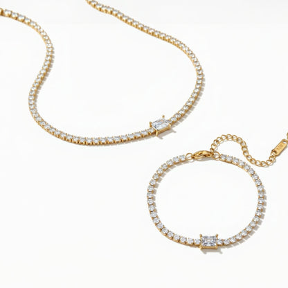 Square French Natural Zircon Gemstone Tennis Chain Bracelet/Necklace set in 18K Gold Plating Capella Jewellery