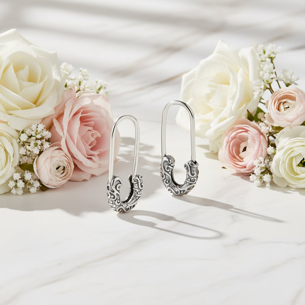 Rolling Grass British Pattern Design Safety Pin Style Earrings set in 925 Sterling Silver
