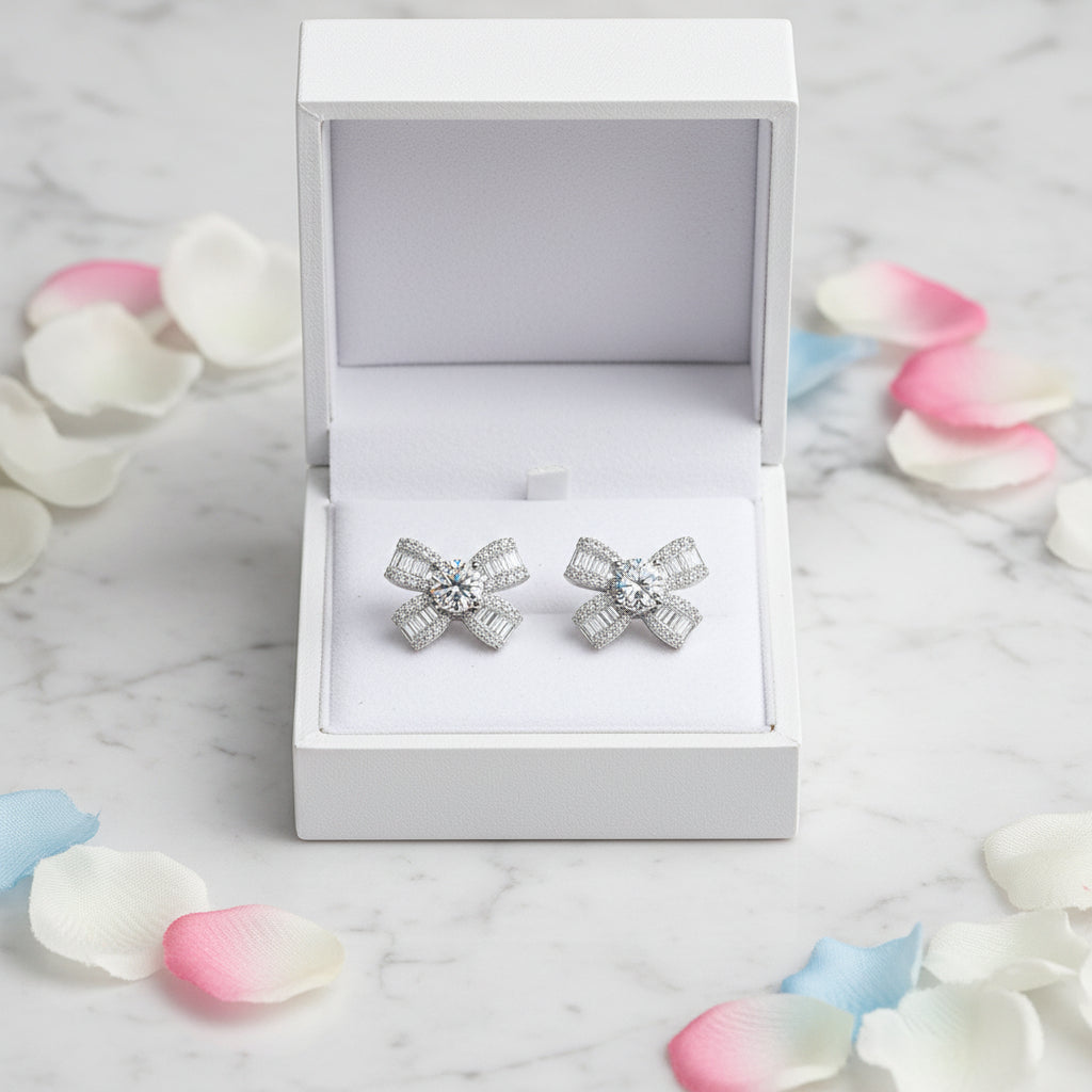 Classic French Bow Design 0.5 Carat Moissanite Diamond Earrings set in 925 Sterling Silver