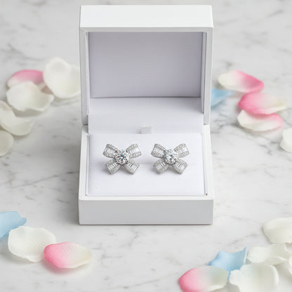 French Bow Design 1 Carat Moissanite Earrings set in Platinum Plated 925 Sterling Silver Capella Reya in a box