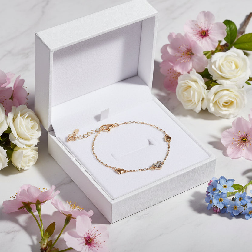 Delicate Heart Shaped Natural Zircon Gemstone Bracelet set in 18K Gold Plating