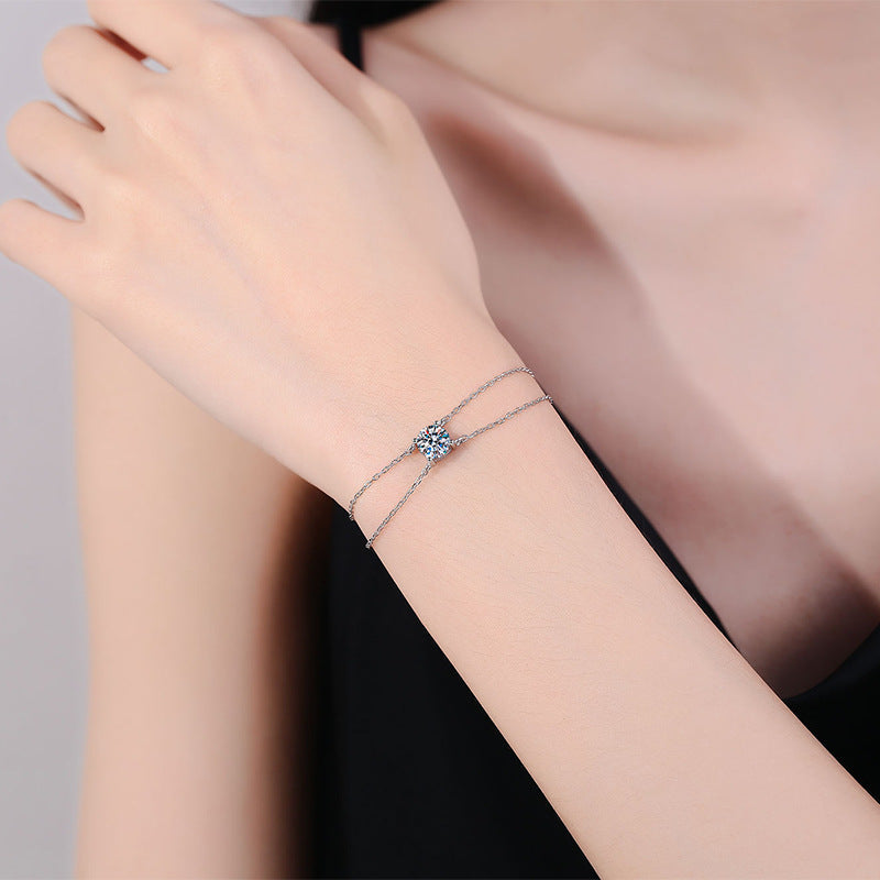 Four-Claw Twin Layer 1 Carat Moissanite Diamond Bracelet set in Platinum 925 Silver (GRA)