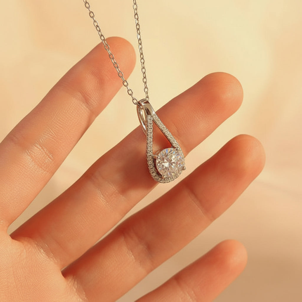 French Teardrop 2 Carat Moissanite Diamond Pendent set in 18K White Gold Plated 925 Silver (GRA)