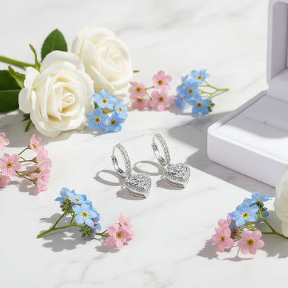 French Hearts of Diamonds Pavé 2 Carat Moissanite Earrings in 18K White Gold Plated 925 Silver (GRA) Capella Jewellery