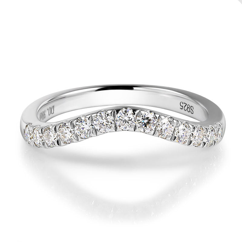 French V-Shaped Ring 13 Pave Micro Moissanite Diamonds set in Platinum Plated 925 Silver (GRA)