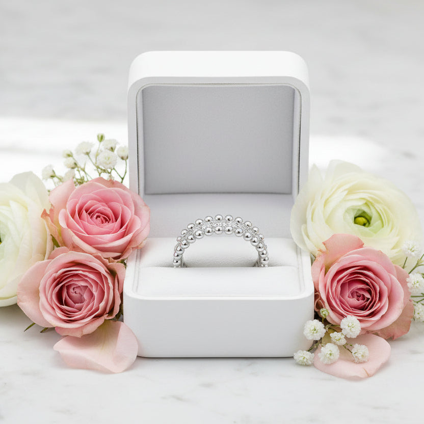 Italian Bead Edge Ring Pave 0.7 Carat Moissanite Diamond set in Platinum Plated 925 Silver (GRA)