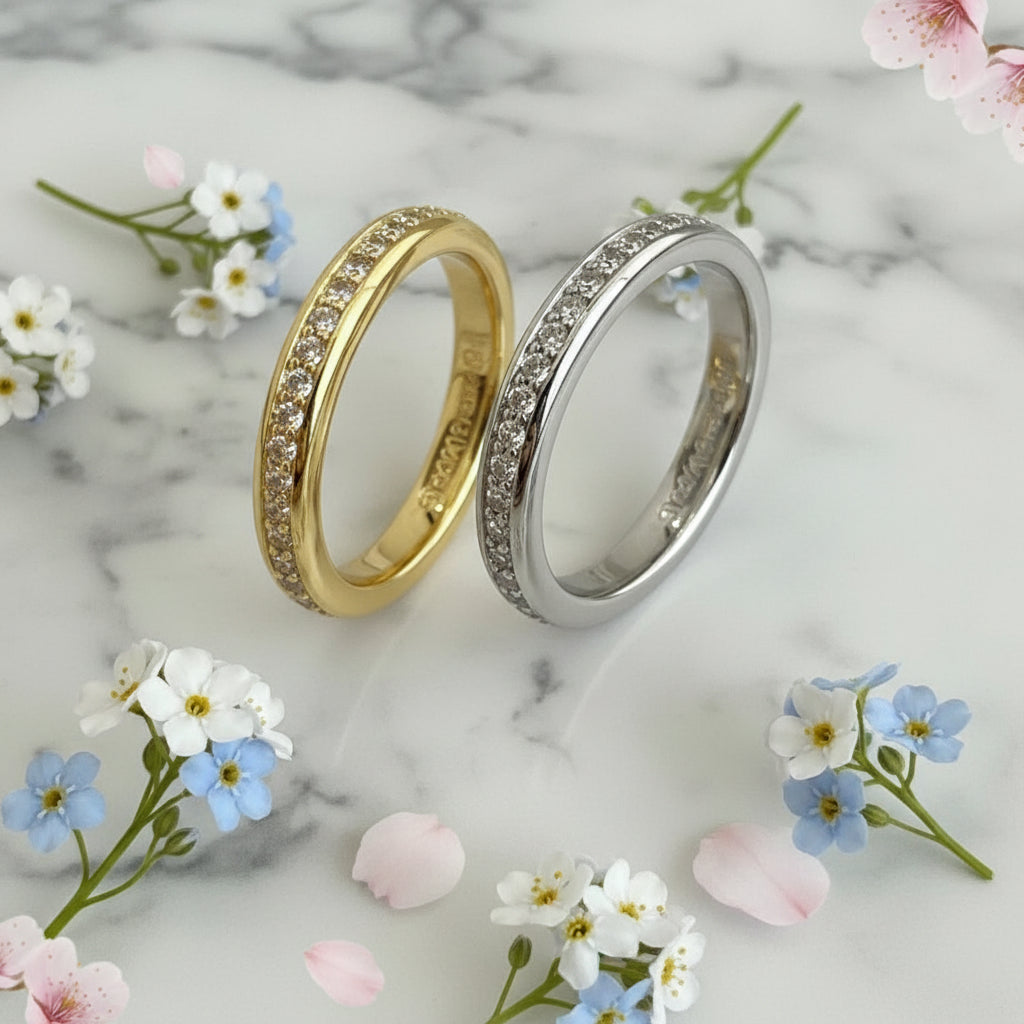 European Eternity Pavé Micro Inlay Natural Zircon Gemstone Ring set in 18K Gold 925 Silver