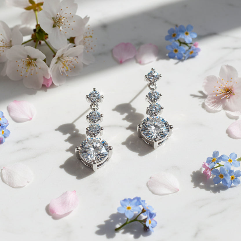 Cascade Drops 2 Carat Moissanite Diamond Earrings set in Platinum Plated 925 Silver (GRA)