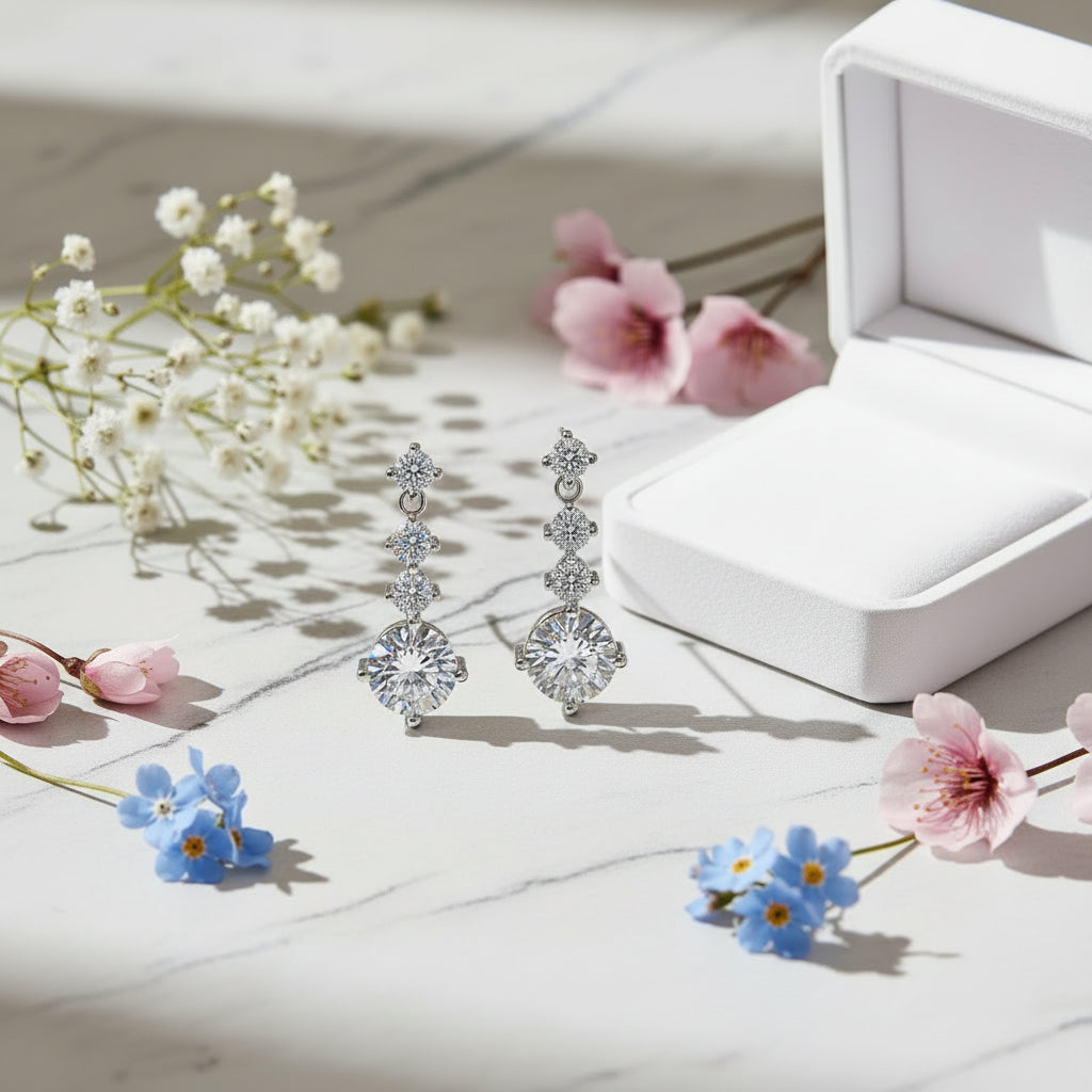 Cascade Drops 2 Carat Moissanite Diamond Earrings set in Platinum Plated 925 Silver (GRA)
