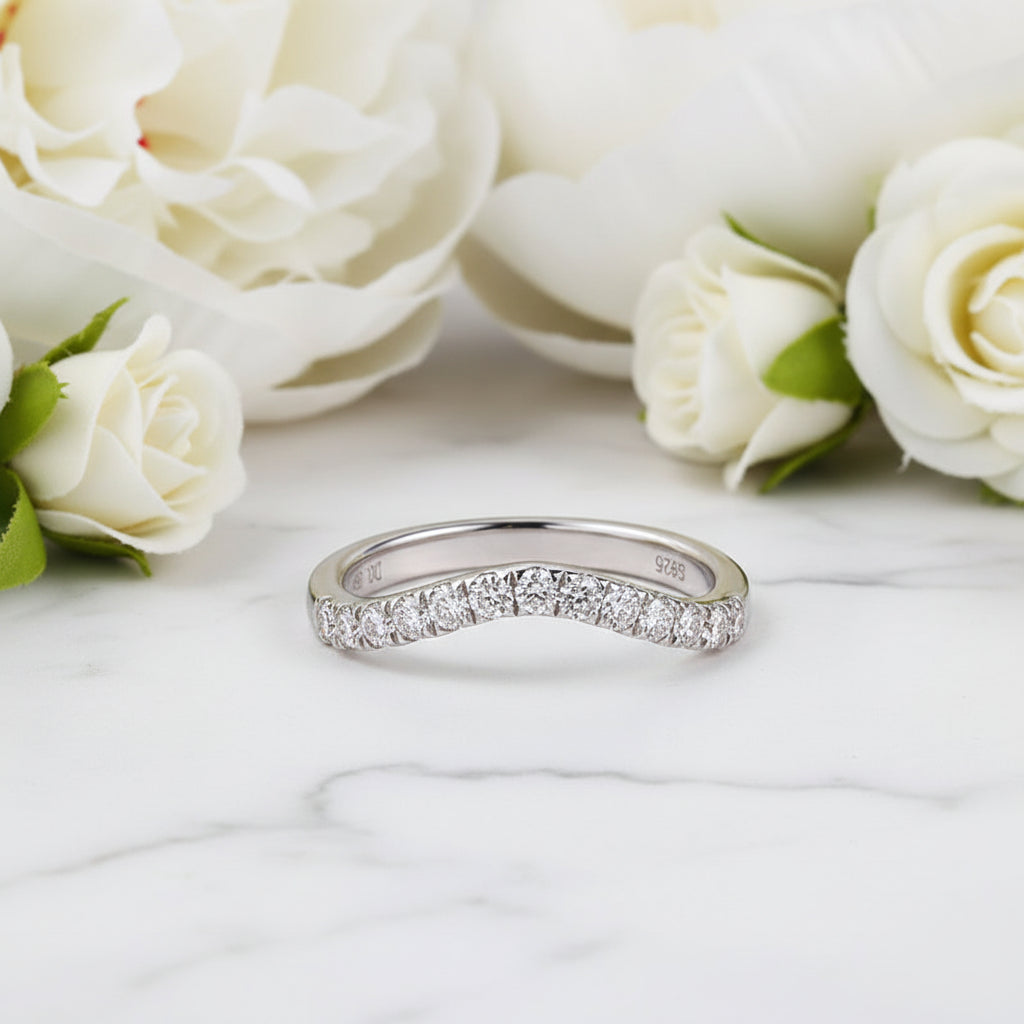 French V-Shaped Ring 13 Pave Micro Moissanite Diamonds set in Platinum Plated 925 Silver (GRA)