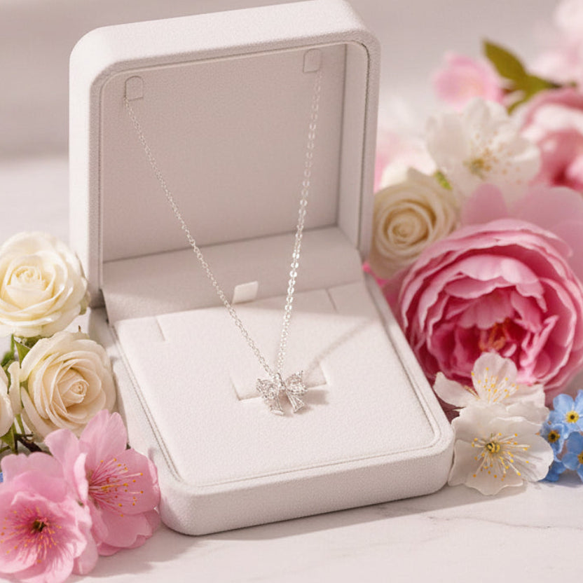 Princess Bow Micro Natural Zircon Gemstone Pendant Necklace set in Pure 999 Silver
