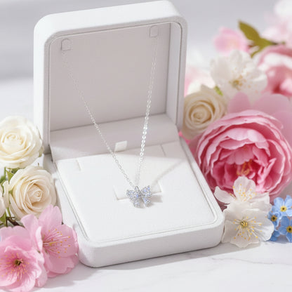 European Princess Bow Micro Natural Zircon Gemstone Pendant Necklace set in Pure 999 Silver Capella Jewellery