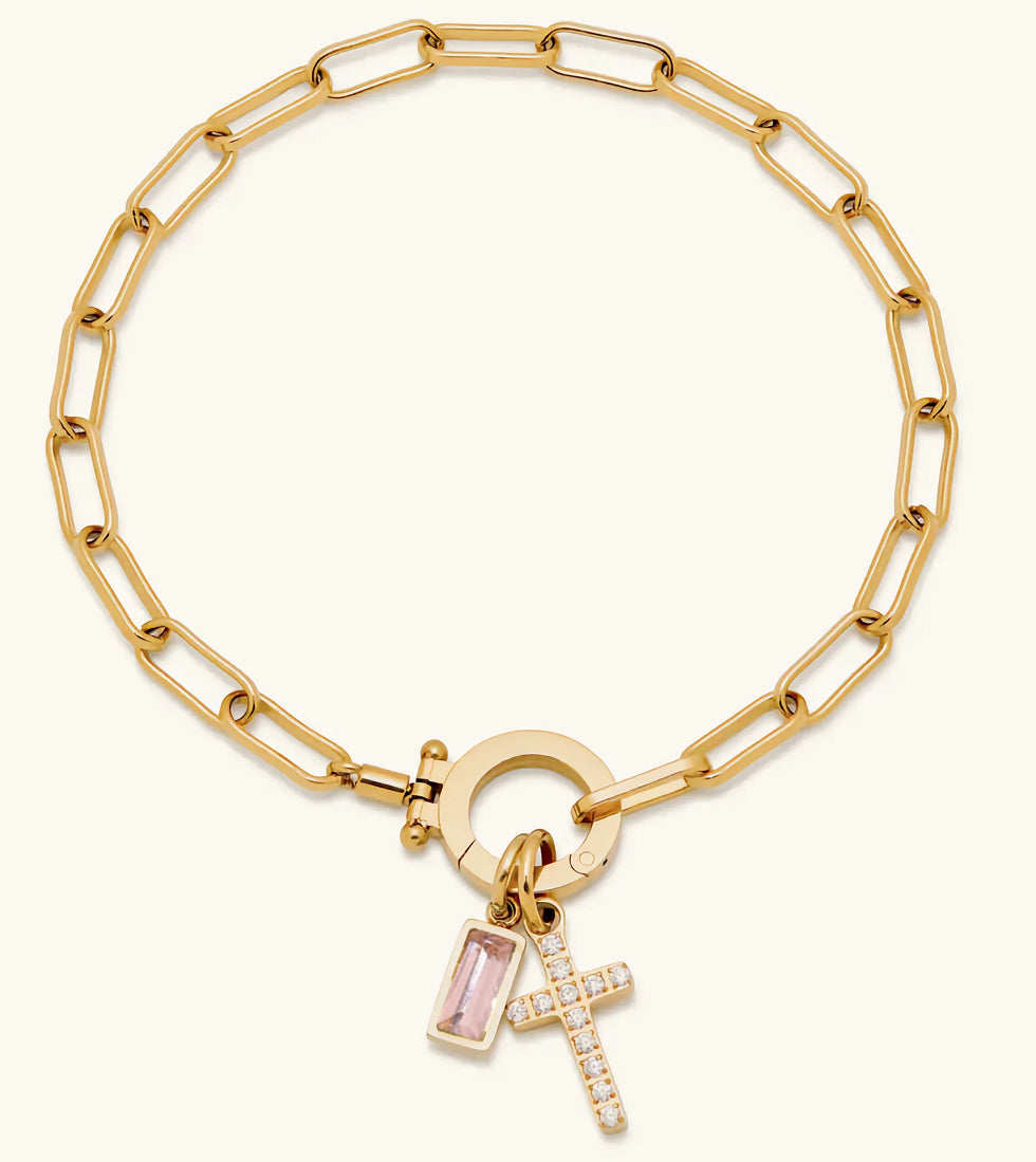 Holy Christian Cross Birth Stone Natural Zircon Gemstone Charm Bracelet set in 18K Gold Plating Capella Jewellery