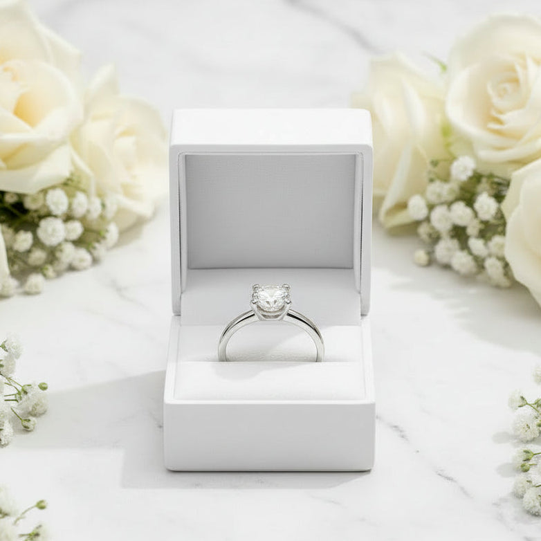 European Round Design 2 Carat Moissanite Diamond Ring set in 18K White Gold Plated 925 Silver (GRA)