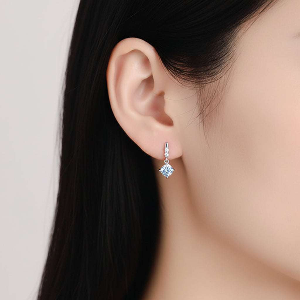 European Snowdrop Inspired 2 Carat Moissanite Earrings set in 18K White Gold 925 Silver (GRA) Capella Jewellery in ear