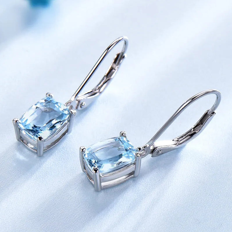 Lady Blue Natural Topaz Gemstone Pendant Earrings set in 18K White Gold Plated 925  Silver