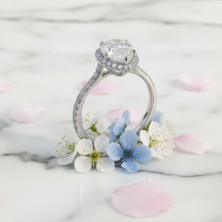 French Teardrop Pavé-set 2 Carat Moissanite Diamond Ring set in 18K White Gold Plated 925 Silver
