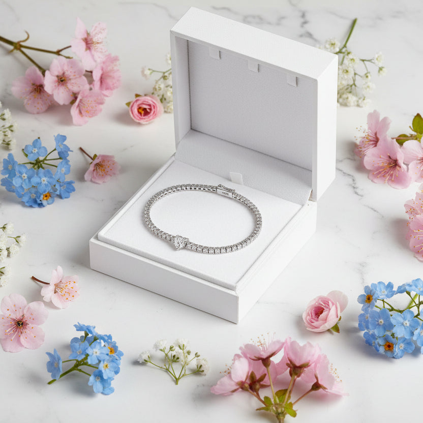 White Heart 0.5 Carat set in Full 2mm Moissanite Diamond Bracelet set in 925 Silver (GRA)