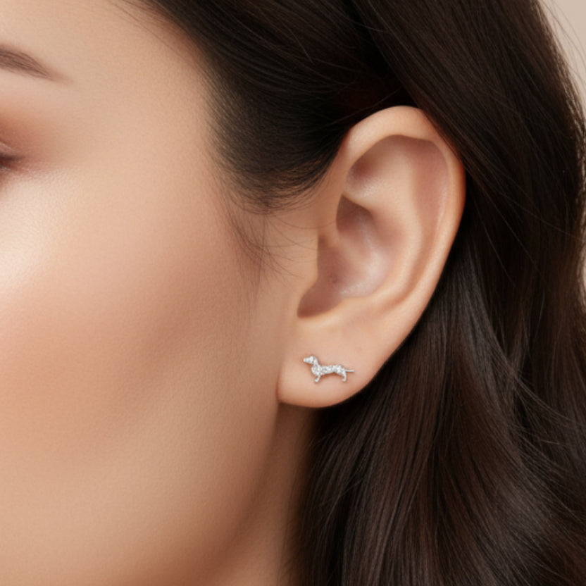French Mini Sausage Dog Design Micro Inlaid Natural Zircon Gemstone Earrings set in 925 Silver