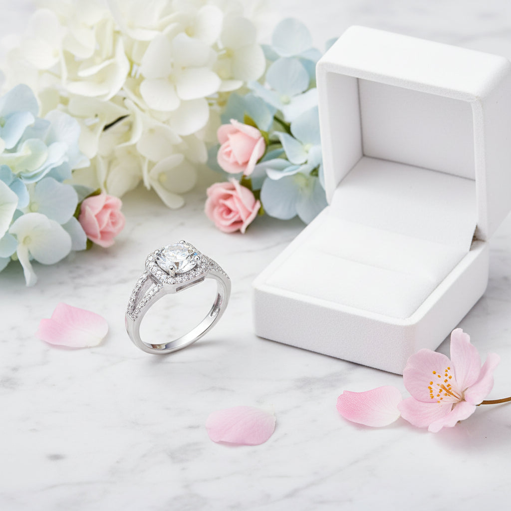 French Halo Pavé Design 1 Carat Moissanite Diamond Ring set in Platinum Plated 925 Silver (GRA)
