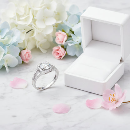 French Halo Pavé Inlay Solitaire 1 Carat Moissanite Ring set in Platinum Plated 925 Silver (GRA) Capella Jewellery