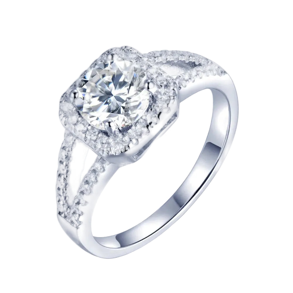 French Halo Pavé Design 1 Carat Moissanite Diamond Ring set in Platinum Plated 925 Silver (GRA)