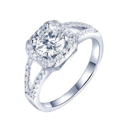 French Halo Pavé Inlay Solitaire 1 Carat Moissanite Ring set in Platinum Plated 925 Silver (GRA) Capella Jewellery