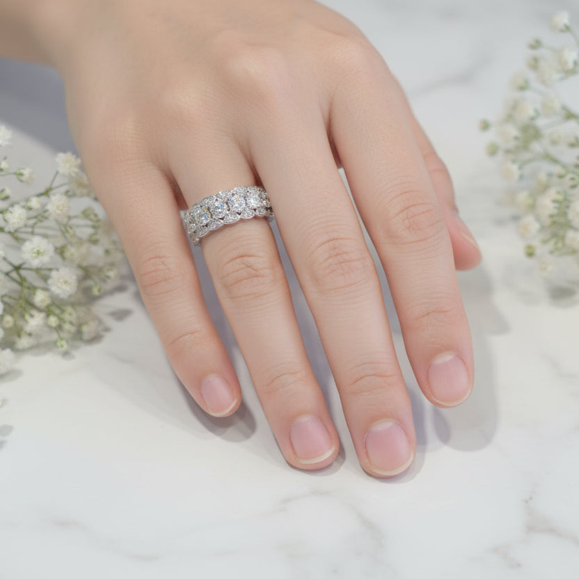 French Half Eternity Ring 2 Carat Moissanite Diamond set in 18K White Gold Plated 925 Silver (GRA)