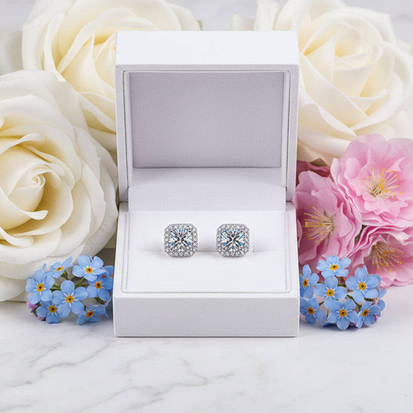 Korean Quadrilateral Design 2 Carat Moissanite Diamond Earrings set in 925 Silver (GRA)