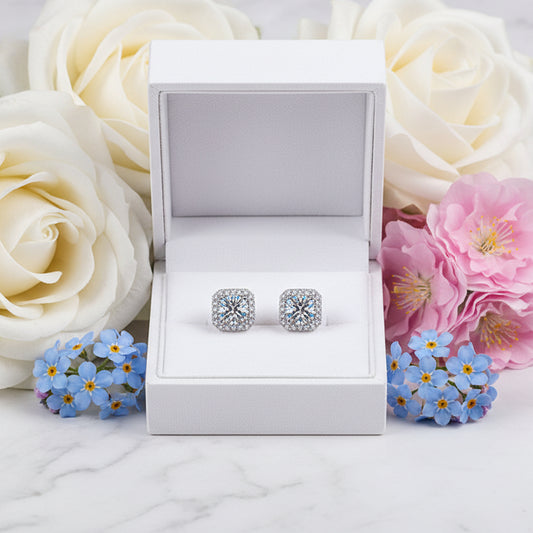 European Quadrilateral 2 Carat Moissanite Diamond Earrings set in Platinum Plated 925 Silver (GRA)