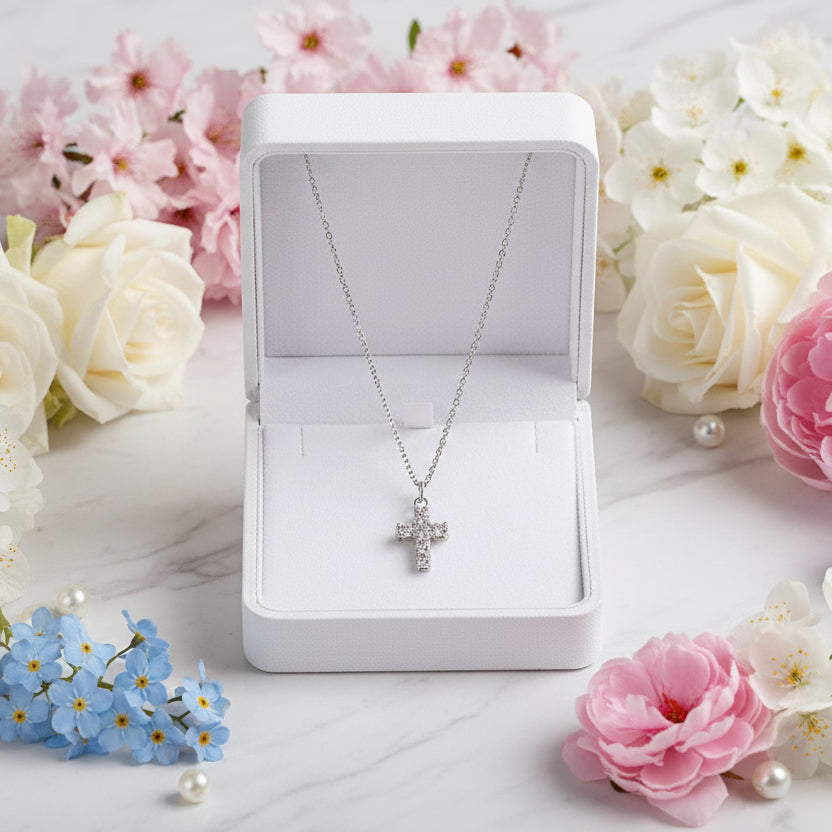 Holy Christian Cross Micro Moissanite Diamond Pendant set in Platinum Plated 925 Silver (GRA)