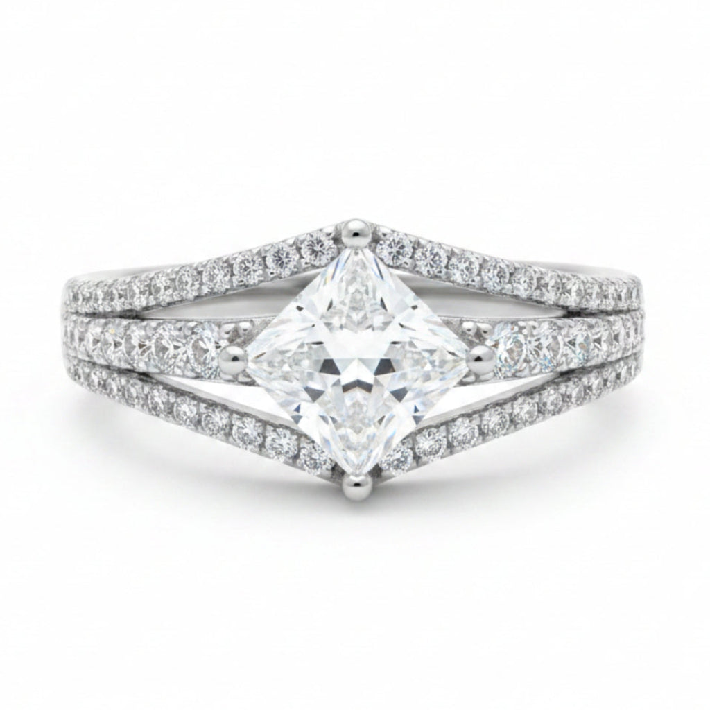 Princess Square Pavé-Set 1 Carat Moissanite Diamond Ring set in Platinum Plated 925 Silver (GRA)