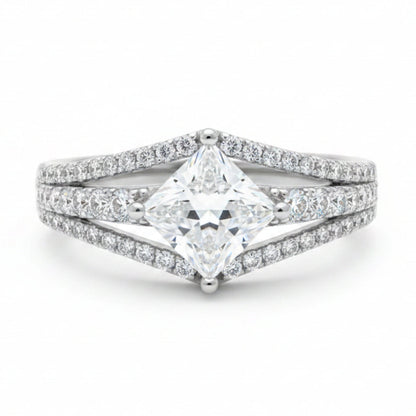 European Princess Square Cut Pavé-Set 1 Carat Moissanite Ring set in Platinum Plated 925 Silver (GRA) Capella Jewellery