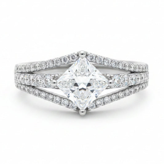 European Princess Square Cut Pavé-Set 1 Carat Moissanite Diamond Ring set in Platinum Plated 925 Silver (GRA)