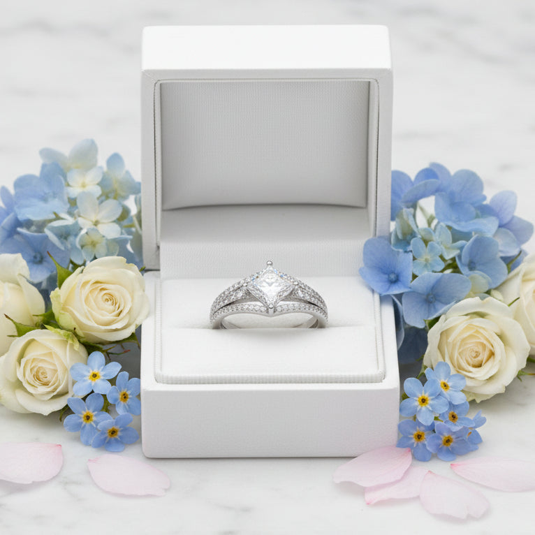 Princess Square Pavé-Set 1 Carat Moissanite Diamond Ring set in Platinum Plated 925 Silver (GRA)
