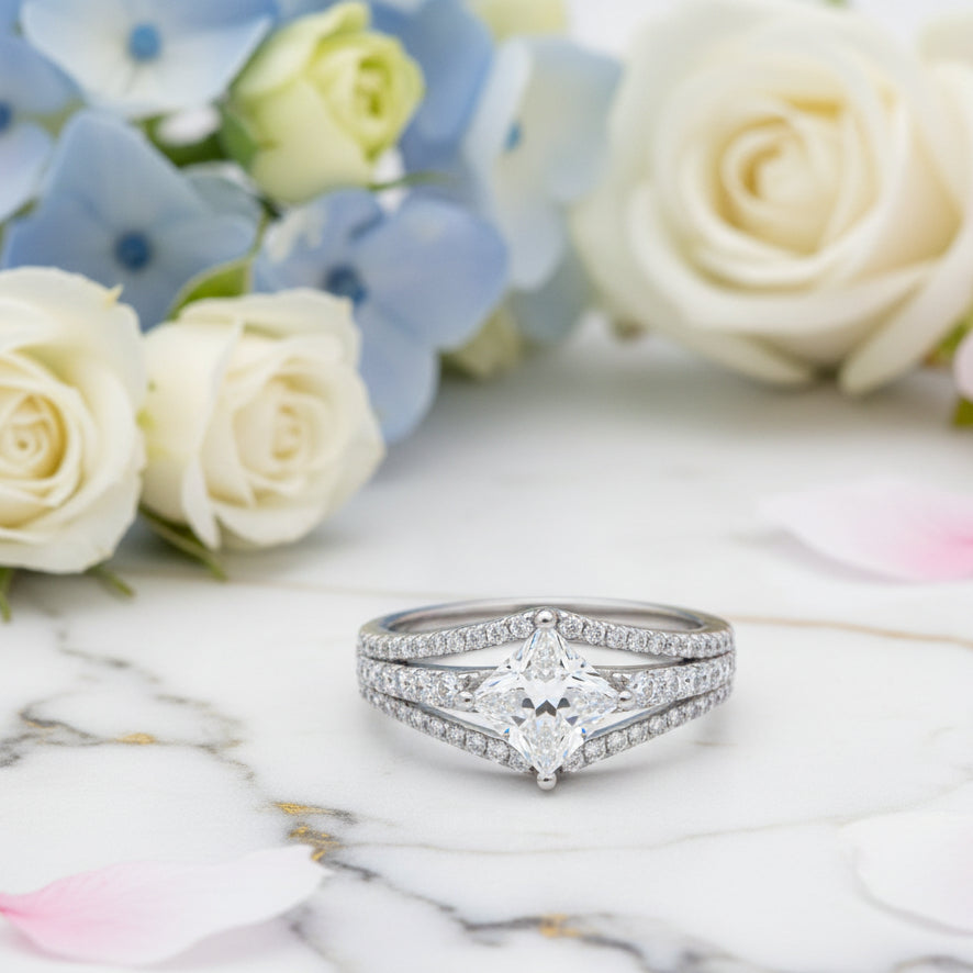 Princess Square Pavé-Set 1 Carat Moissanite Diamond Ring set in Platinum Plated 925 Silver (GRA)