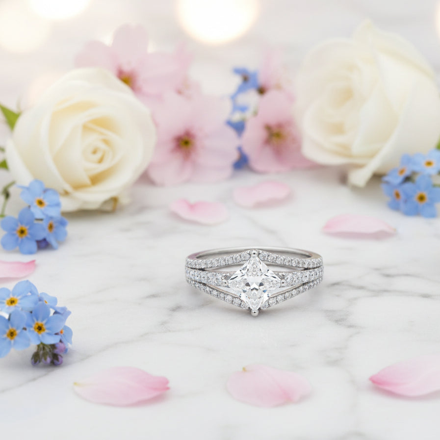 Princess Square Pavé-Set 1 Carat Moissanite Diamond Ring set in Platinum Plated 925 Silver (GRA)
