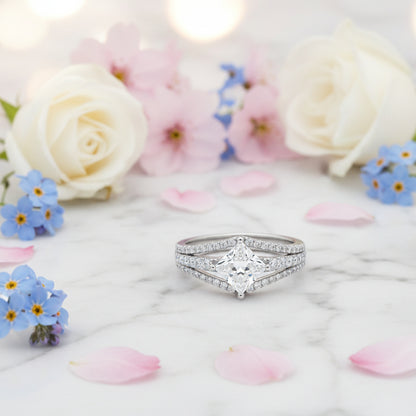 European Princess Square Cut Pavé-Set 1 Carat Moissanite Ring set in Platinum Plated 925 Silver (GRA) Capella Jewellery