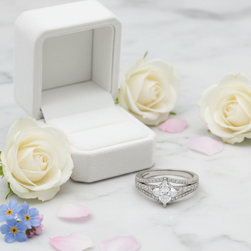 Princess Square Pavé-Set 1 Carat Moissanite Diamond Ring set in Platinum Plated 925 Silver (GRA)