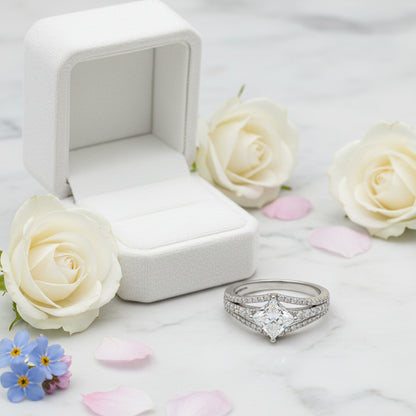 European Princess Square Cut Pavé-Set 1 Carat Moissanite Ring set in Platinum Plated 925 Silver (GRA) Capella Jewellery