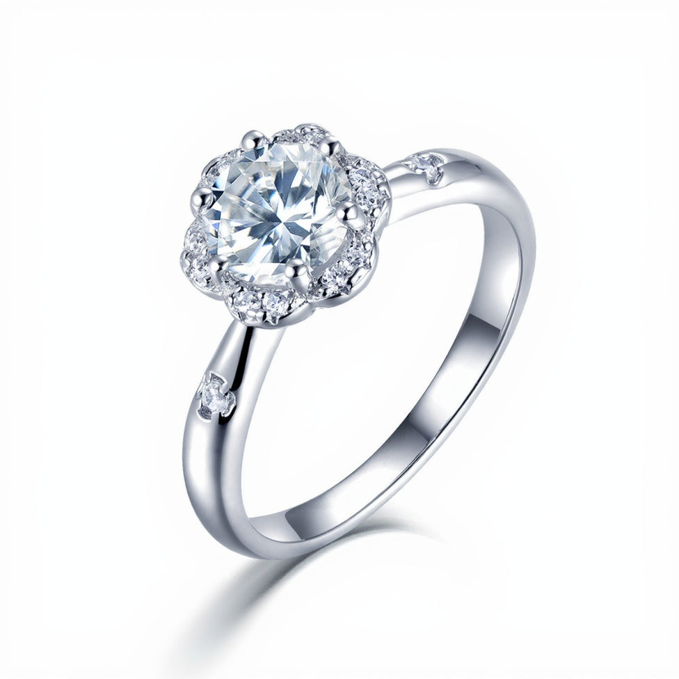Classic French Flower 1 Carat Moissanite Diamond Ring set in Platinum Plated 925 Silver (GRA)