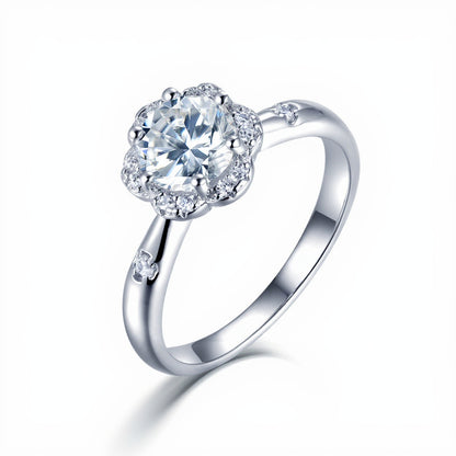French Halo Inspired Pavé Flower Solitaire 1 Carat Moissanite Ring set in Platinum Plated 925 Silver (GRA) Capella Jewellery