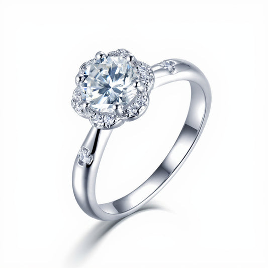French Halo Inspired Pavé Flower Solitaire 1 Carat Moissanite Diamond Ring set in Platinum Plated 925 Silver (GRA)