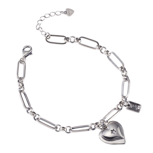 European Loving Heart Paper Clip Chain Bracelet set in Premium 925 Sterling Silver