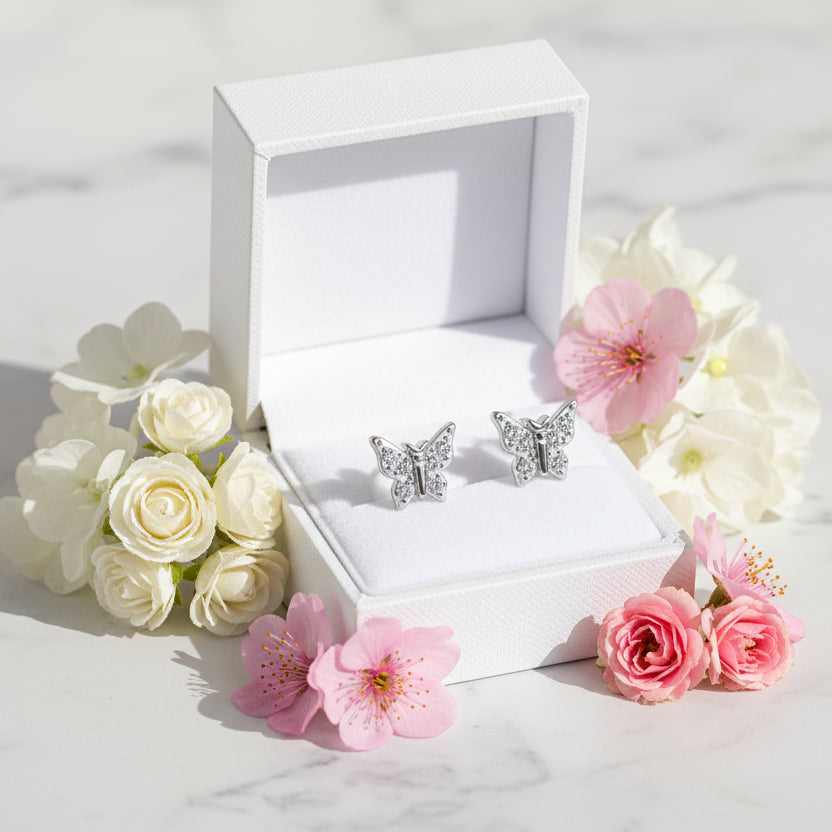 French Butterfly Design Moissanite Diamond Earrings set in Platinum Plated 925 Silver (GRA)