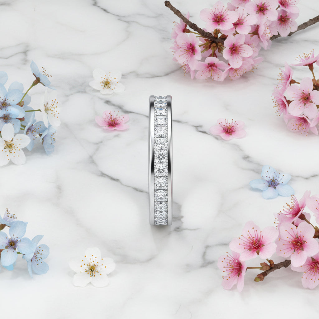 Italian Rome Eternity Pavé Natural Zircon Gemstone Ring set in 18K White Gold Plated 925 Silver